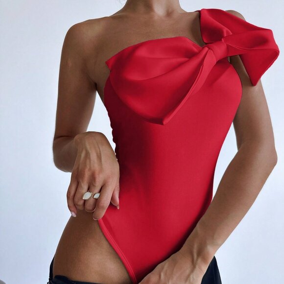 Red Elegant Women's Bodysuit With Bow Decor - Picture 6 of 6